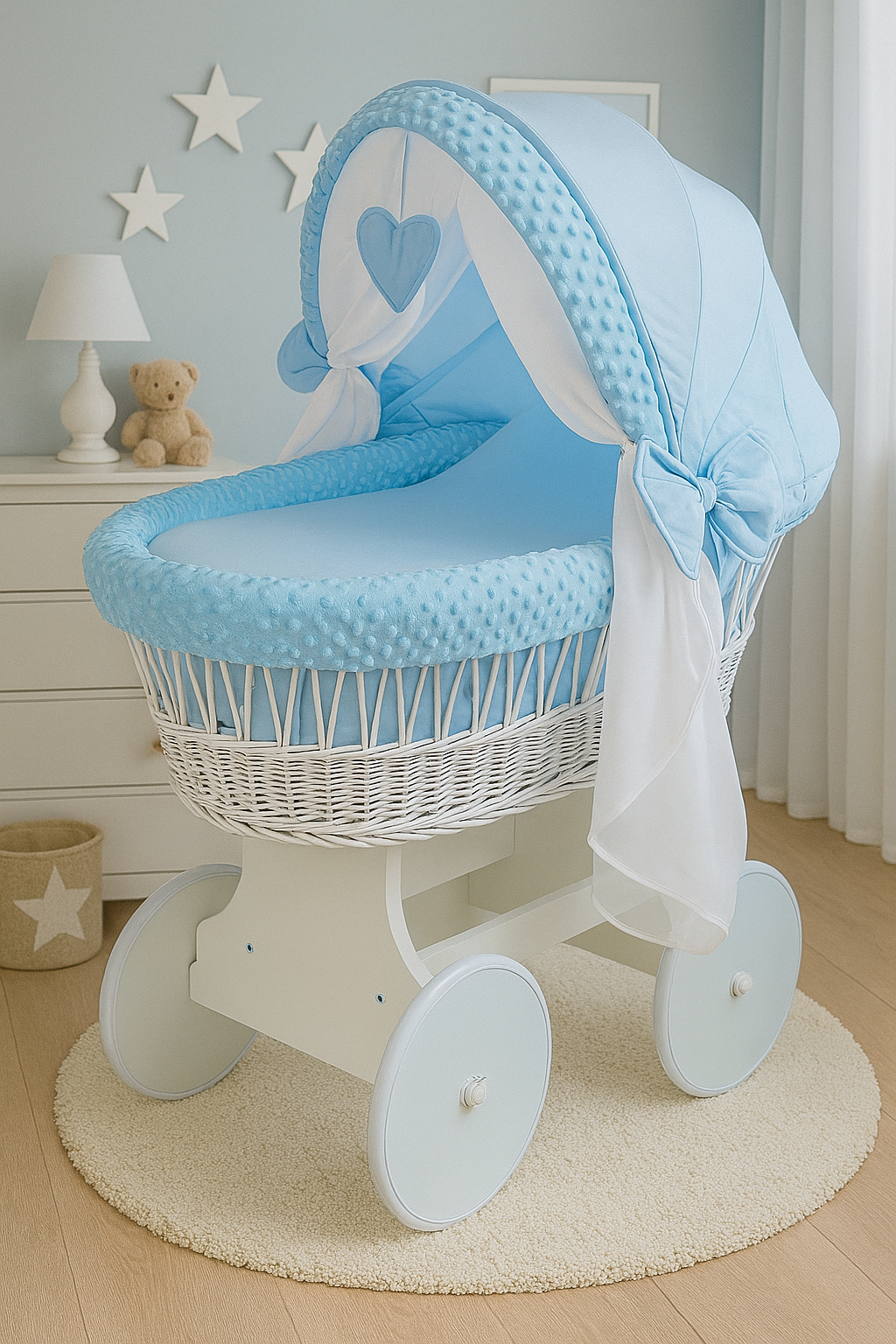 White Wicker Wheels Crib/Baby Moses Basket + Complete Bedding Blue/Dimple