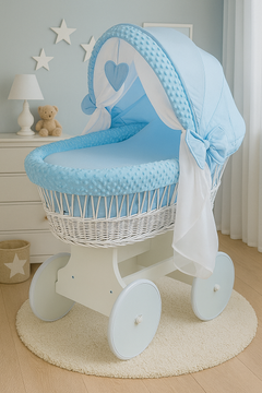 White Wicker Baby Moses Basket Wheels Blue Dimple Bedding - MyHappy Baby