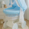 White Wicker Baby Moses Basket Wheels Blue Dimple Bedding