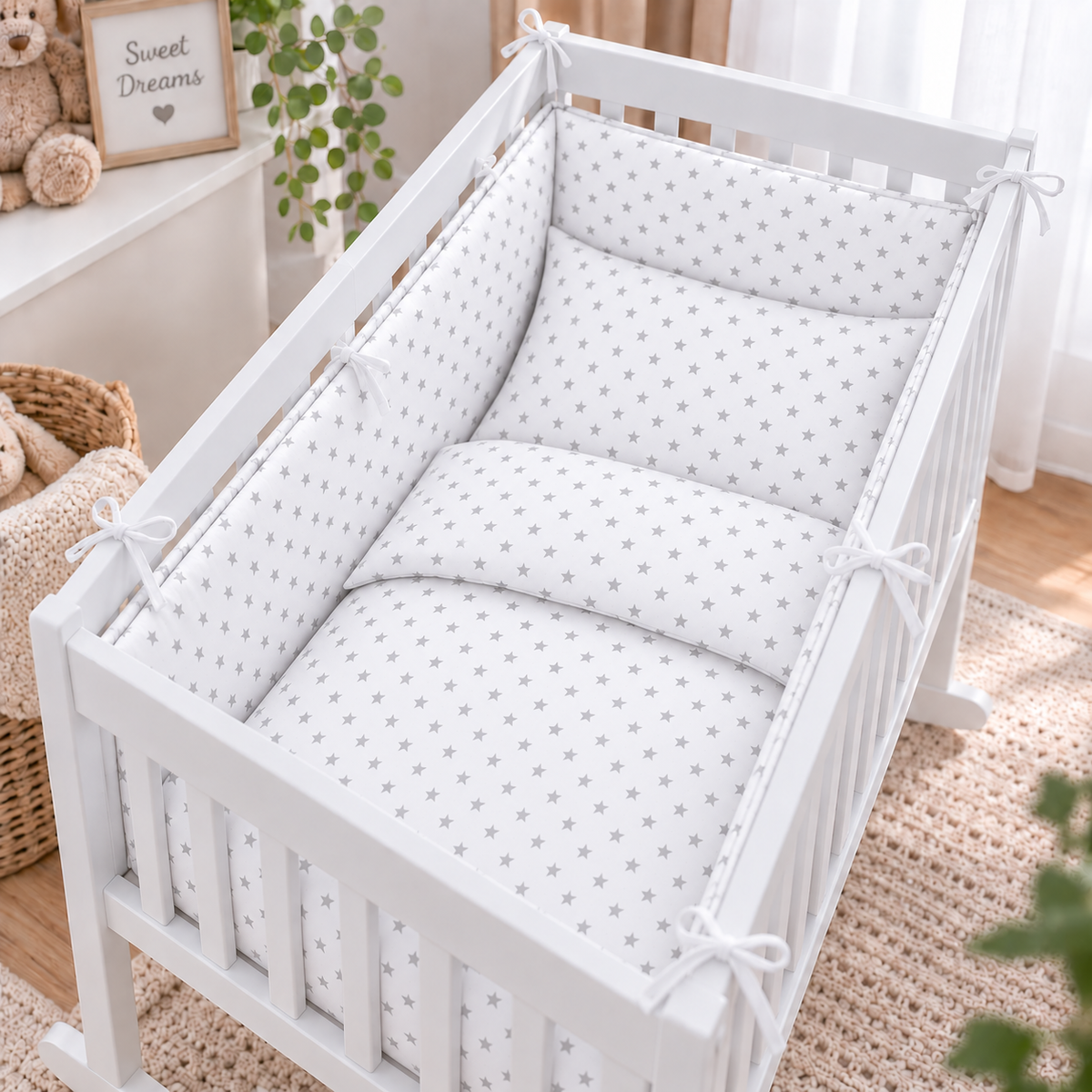 Baby Bedding Set 5pc Nursery Cotton Pillow Duvet Bumper 70x80cm Small Grey Stars On White