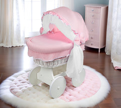 White Wicker Wheels Crib/Baby Moses Basket + Complete Bedding Pink/Cotton - MyHappy Baby