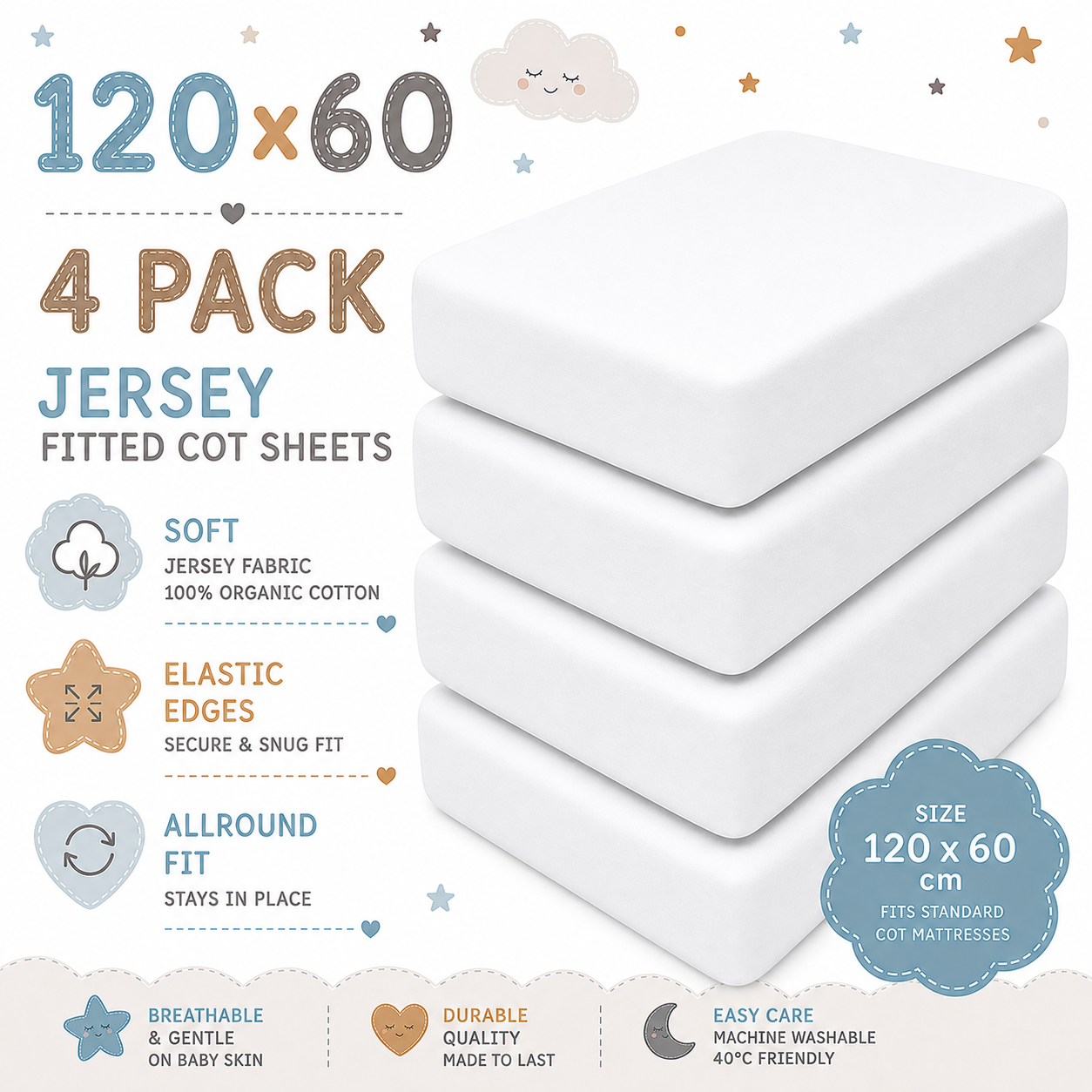 BABYMAM 4 Pack Cot Fitted Sheets 120x60 cm, 100% Organic Jersey Cotton Baby Cot Sheets, Soft Breathable Baby Bedding, Elasticated Mattress Covers (White)