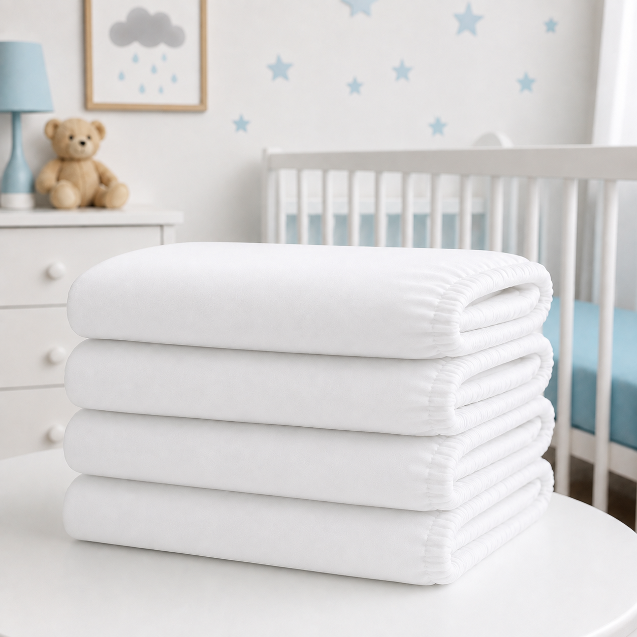 BABYMAM 4 Pack Cot Fitted Sheets 120x60 cm, 100% Organic Jersey Cotton Baby Cot Sheets, Soft Breathable Baby Bedding, Elasticated Mattress Covers (White)