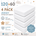 BABYMAM 4 Pack Cot Fitted Sheets 120x60 cm, 100% Organic Jersey Cotton Baby Cot Sheets, Soft Breathable Baby Bedding, Elasticated Mattress Covers (White)