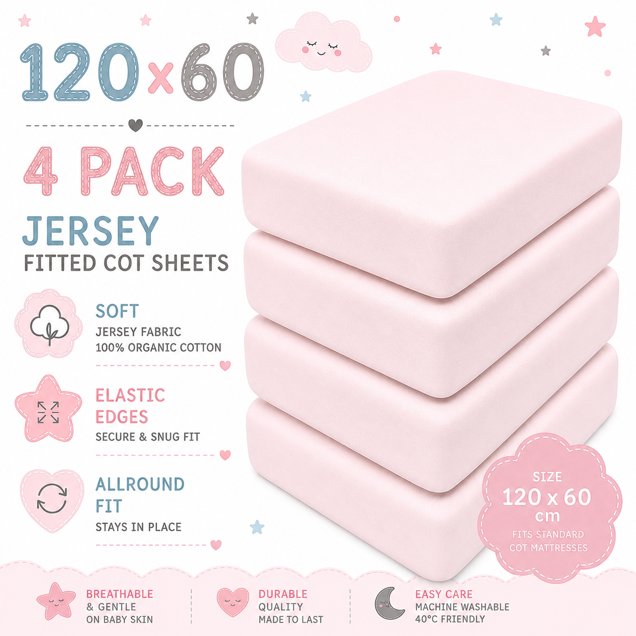 BABYMAM 4 Pack Cot Fitted Sheets 120x60 cm, 100% Organic Jersey Cotton Baby Cot Sheets, Soft Breathable Baby Bedding, Elasticated Mattress Covers (Pink)