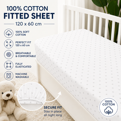 Baby Fitted Cot Sheet Printed Design 100% Cotton Mattress 120X60 cm Small Grey Stars On White - MyHappy Baby
