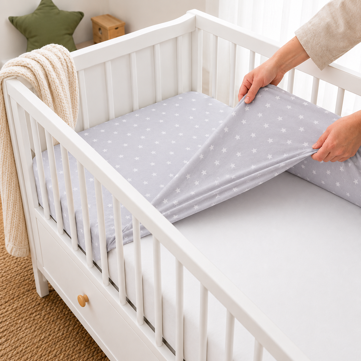 Baby Fitted Cot Sheet Printed Design 100% Cotton Mattress 120X60 cm Small White Stars On Grey - MyHappy Baby