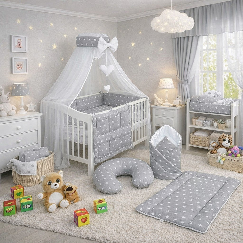 Baby Bedding Set Cotton Nursery 14Pc 135x100cm Small White Stars On Grey - MyHappy Baby