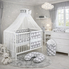 Baby Bedding Set Cotton Nursery 14 Piece To Fit Cot 120x60cm Elephants Grey - MyHappy Baby