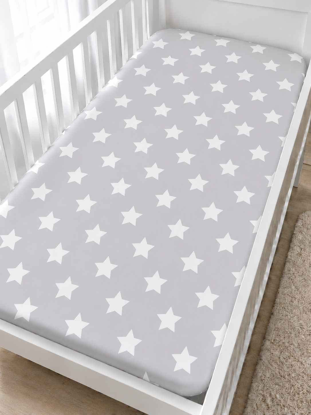 Baby Fitted Cot Sheet Printed Design 100% Cotton Mattress 120X60 cm Big White Stars On Grey - MyHappy Baby