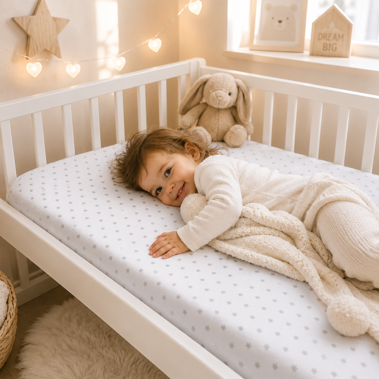 BABYMAM 4 Pack Cot Fitted Sheets 120x60 cm, 100% Organic Jersey Cotton Baby Cot Sheets, Soft Breathable Baby Bedding, Elasticated Mattress Covers (Small Stars with White)