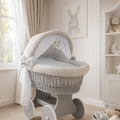 Grey Wicker Baby Moses Basket + White Stars Bedding