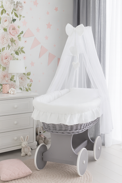 Grey Wicker Wheels Moses Basket Baby+Full Bedding Set White Cotton - MyHappy Baby