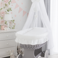 Grey Wicker Wheels Moses Basket Baby+Full Bedding Set White Cotton