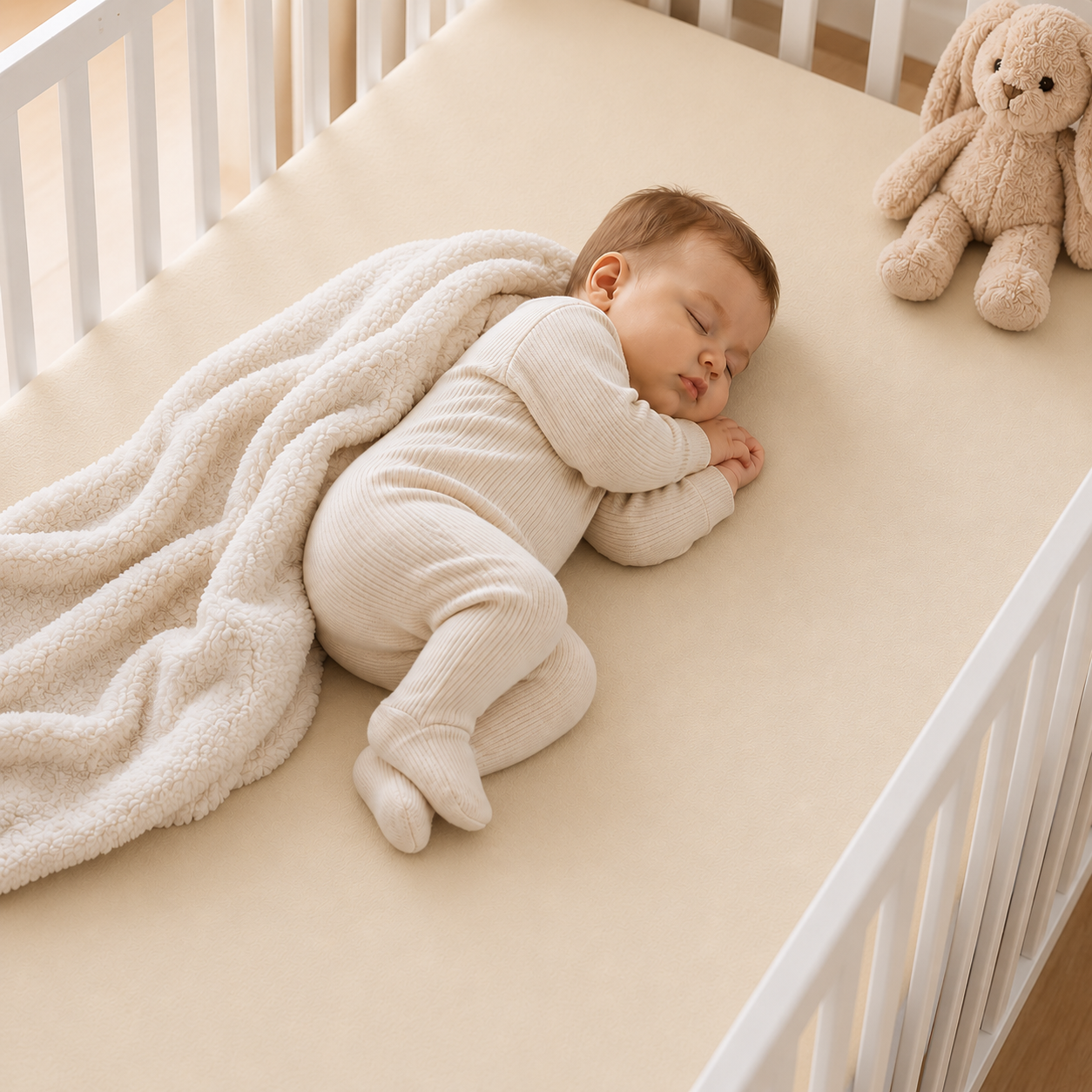 BABYMAM 4 Pack Cot Fitted Sheets 120x60 cm, 100% Organic Jersey Cotton Baby Cot Sheets, Soft Breathable Baby Bedding, Elasticated Mattress Covers (Beige)