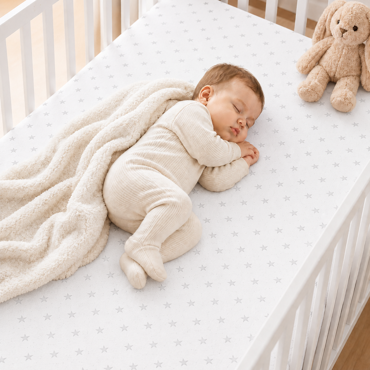 BABYMAM 4 Pack Cot Fitted Sheets 120x60 cm, 100% Organic Jersey Cotton Baby Cot Sheets, Soft Breathable Baby Bedding, Elasticated Mattress Covers (Small Stars with White)