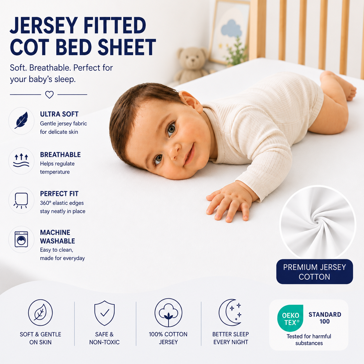 BABYMAM 4 Pack Cot Fitted Sheets 120x60 cm, 100% Organic Jersey Cotton Baby Cot Sheets, Soft Breathable Baby Bedding, Elasticated Mattress Covers (White)