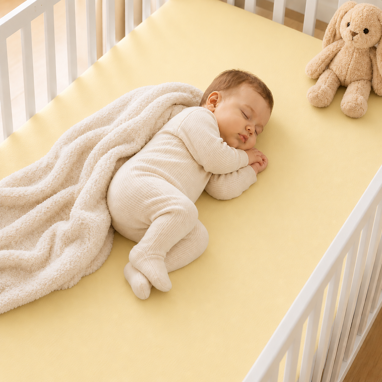 BABYMAM 4 Pack Cot Fitted Sheets 120x60 cm, 100% Organic Jersey Cotton Baby Cot Sheets, Soft Breathable Baby Bedding, Elasticated Mattress Covers (Yellow)