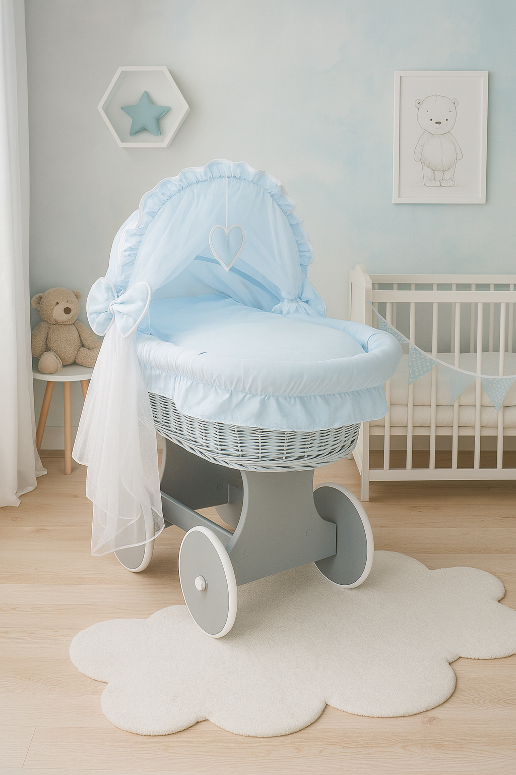 Grey Wicker Wheels Crib/Baby Moses Basket & Complete Bedding Blue - 100% Cotton - MyHappy Baby