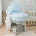 Grey Wicker Wheels Crib/Baby Moses Basket & Complete Bedding Blue - 100% Cotton