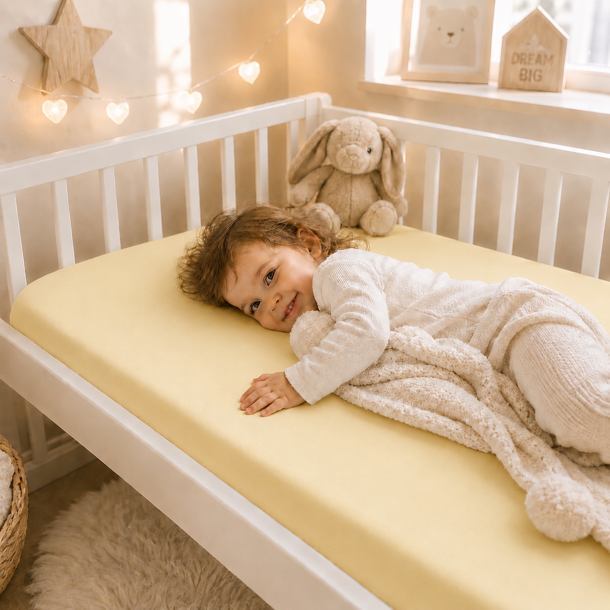 BABYMAM 4 Pack Cot Fitted Sheets 120x60 cm, 100% Organic Jersey Cotton Baby Cot Sheets, Soft Breathable Baby Bedding, Elasticated Mattress Covers (Yellow)