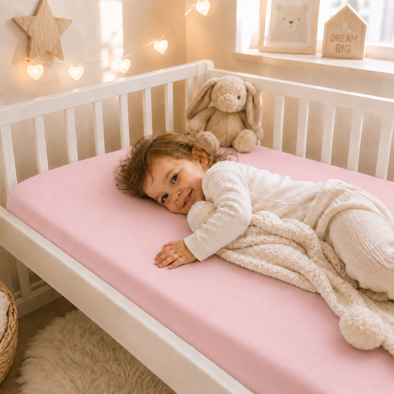 BABYMAM 4 Pack Cot Fitted Sheets 120x60 cm, 100% Organic Jersey Cotton Baby Cot Sheets, Soft Breathable Baby Bedding, Elasticated Mattress Covers (Pink)