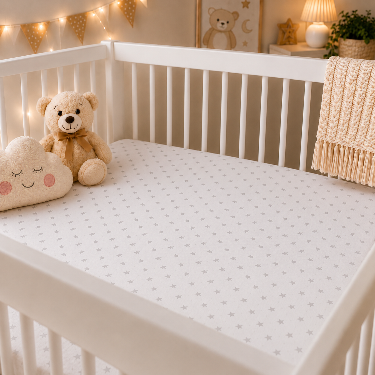 BABYMAM 4 Pack Cot Fitted Sheets 120x60 cm, 100% Organic Jersey Cotton Baby Cot Sheets, Soft Breathable Baby Bedding, Elasticated Mattress Covers (Small Stars with White)