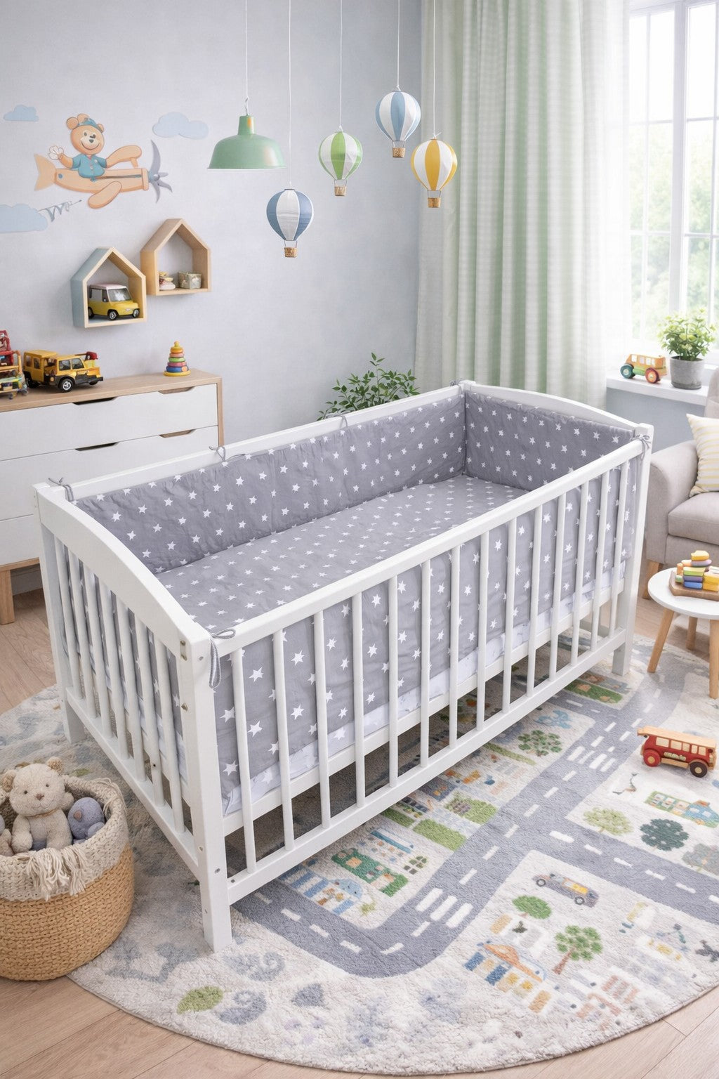 Baby Bedding Set 3pc All-round Fit Cot bed 140x70cm Small White on Grey