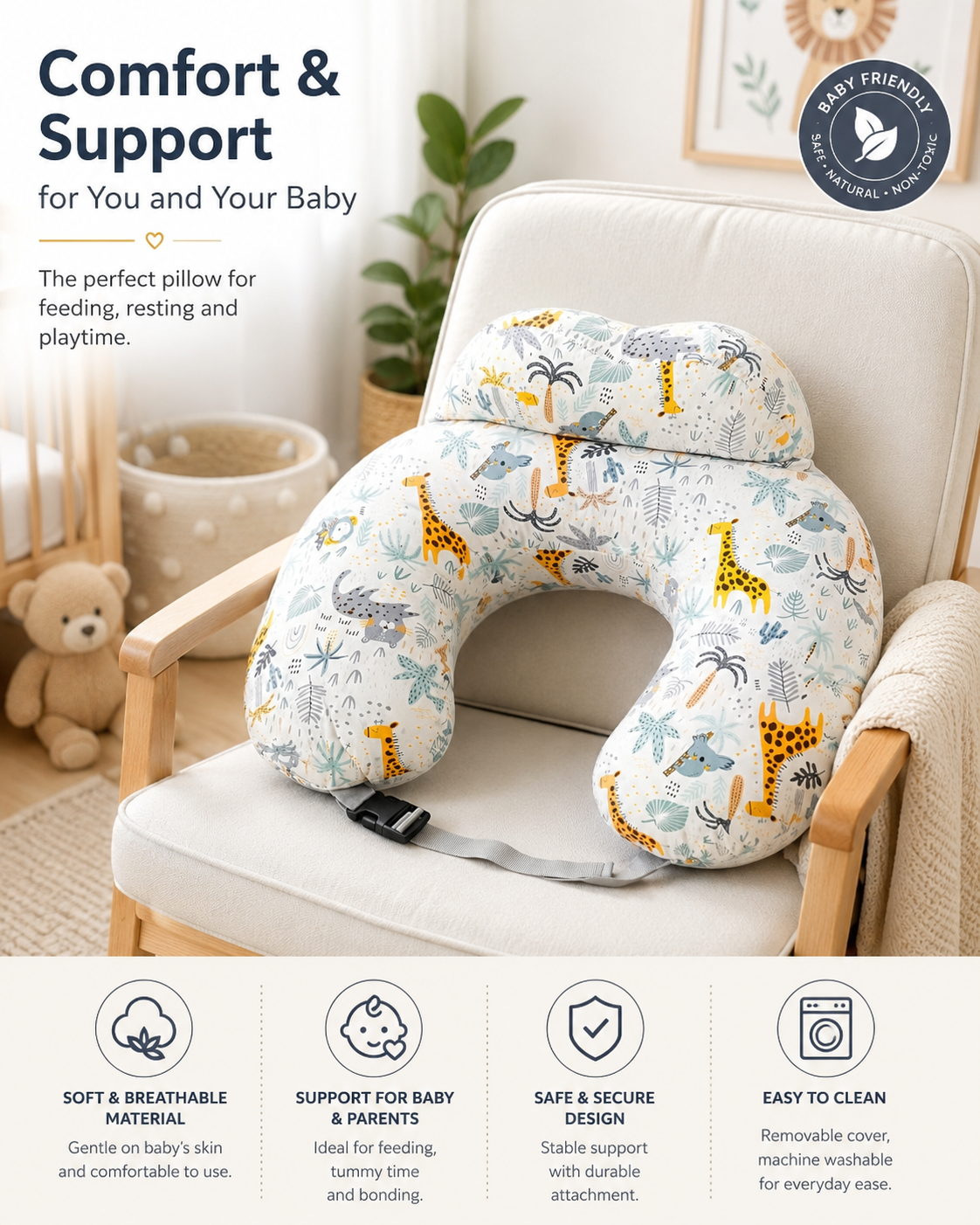 Nursing Pillow with Head Support & Removable Cover Baby Feeding Cushion - Safari