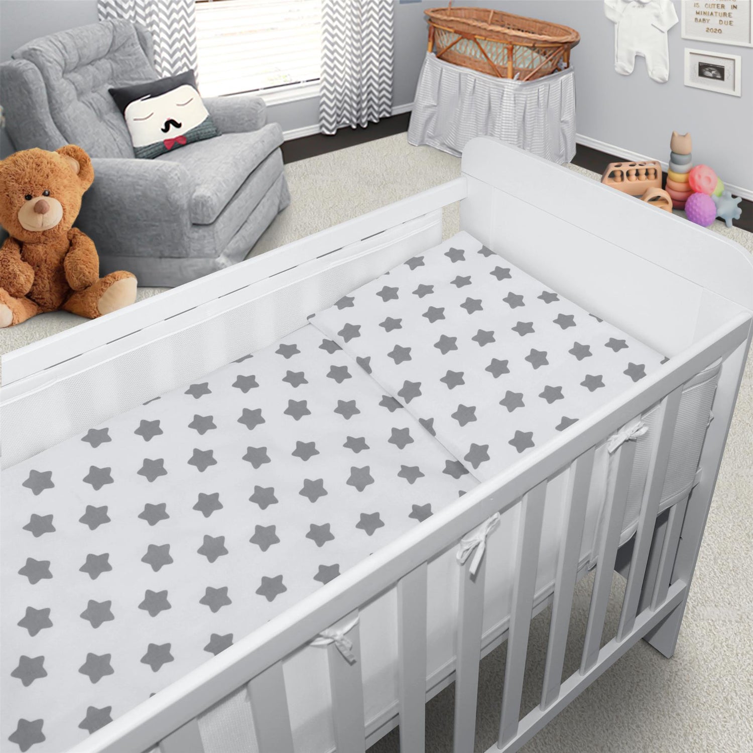 Baby Cot Bedding Set 6Pc Fit Cot bed 140x70cm Big Grey Stars On White