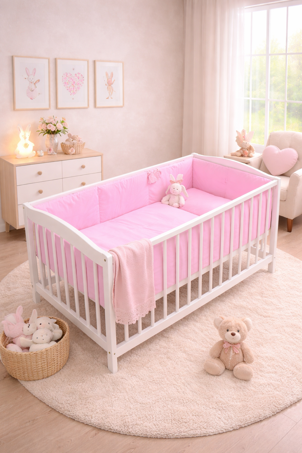 Baby Bedding Set 6pc All-round Bumper Fit Cotbed 120x60cm Pink