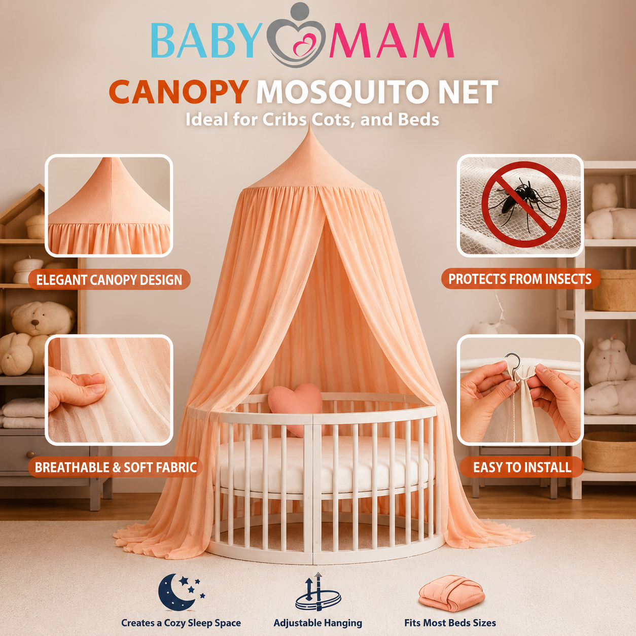 BABYMAM Canopy Mosquito Hanging Net for Crib Cot Bed Nursery - Peach Pink