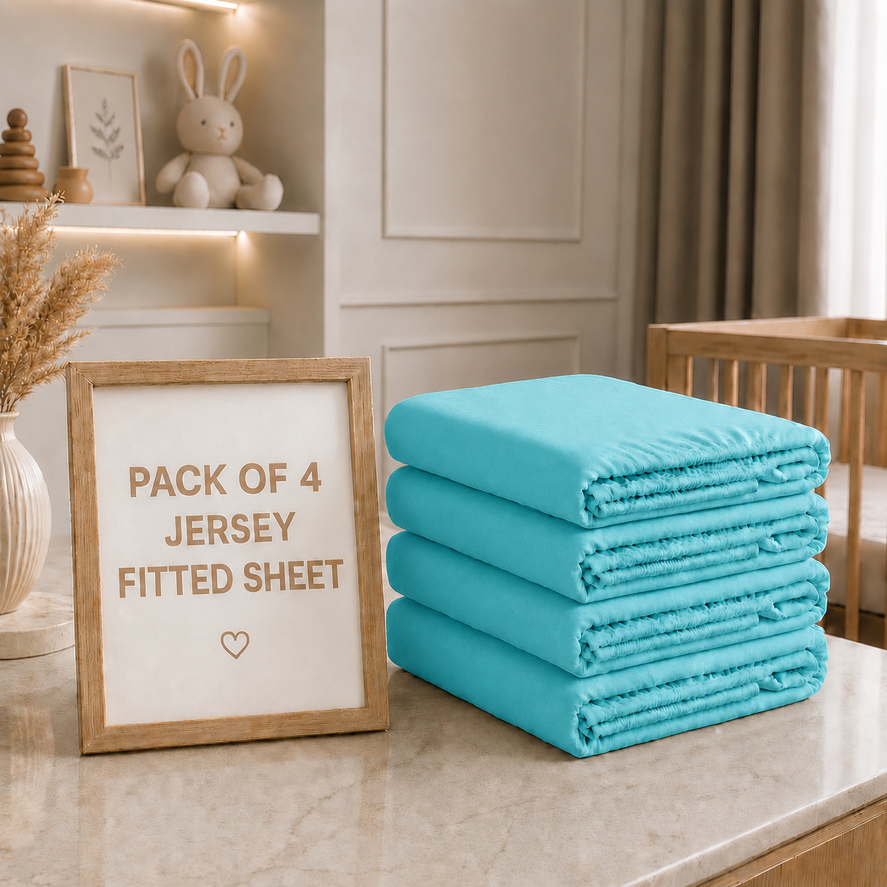 BABYMAM 4 Pack Cot Fitted Sheets 120x60 cm, 100% Organic Jersey Cotton Baby Cot Sheets, Soft Breathable Baby Bedding, Elasticated Mattress Covers (Blue)