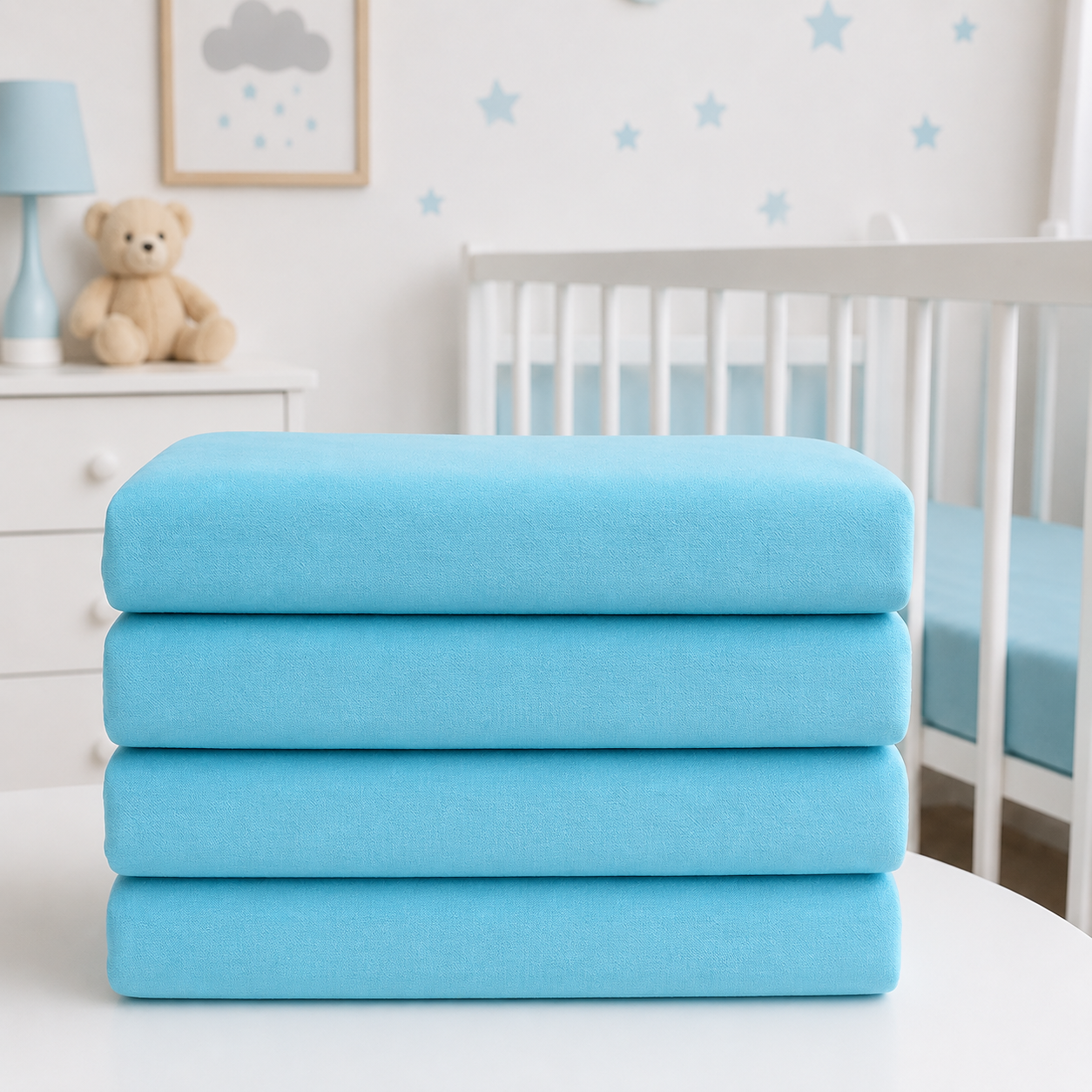 BABYMAM 4 Pack Cot Fitted Sheets 120x60 cm, 100% Organic Jersey Cotton Baby Cot Sheets, Soft Breathable Baby Bedding, Elasticated Mattress Covers (Blue)