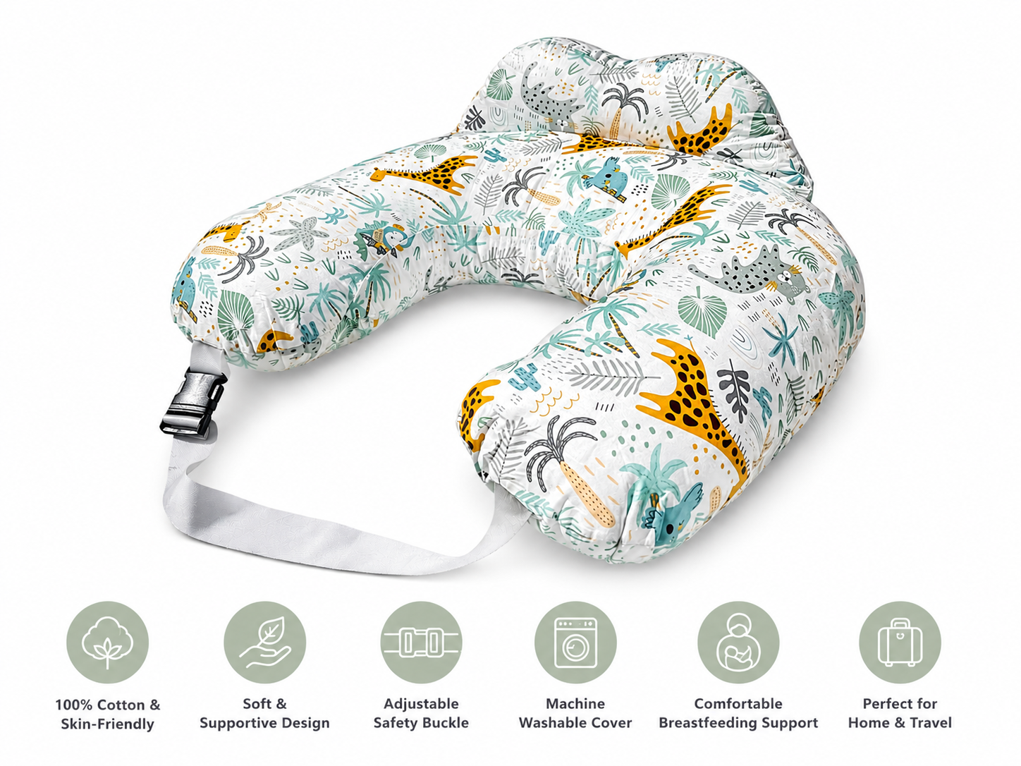 Nursing Pillow with Head Support & Removable Cover Baby Feeding Cushion - Safari