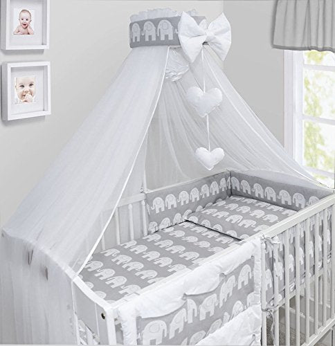 BABYMAM Baby Bedding Set Essential 17pcs 120x90 Cot with Drawer and Mattress Elephants Grey