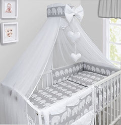 BABYMAM Baby Bedding Set Essential 17pcs 120x90 Cot with Drawer and Mattress Elephants Grey - MyHappy Baby