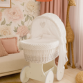 White Wicker Wheels Crib/Baby Moses Basket + Complete Bedding White/Dimple