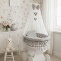 White Wicker Moses Basket with Wheels Baby+full Bedding Set Small white stars on grey