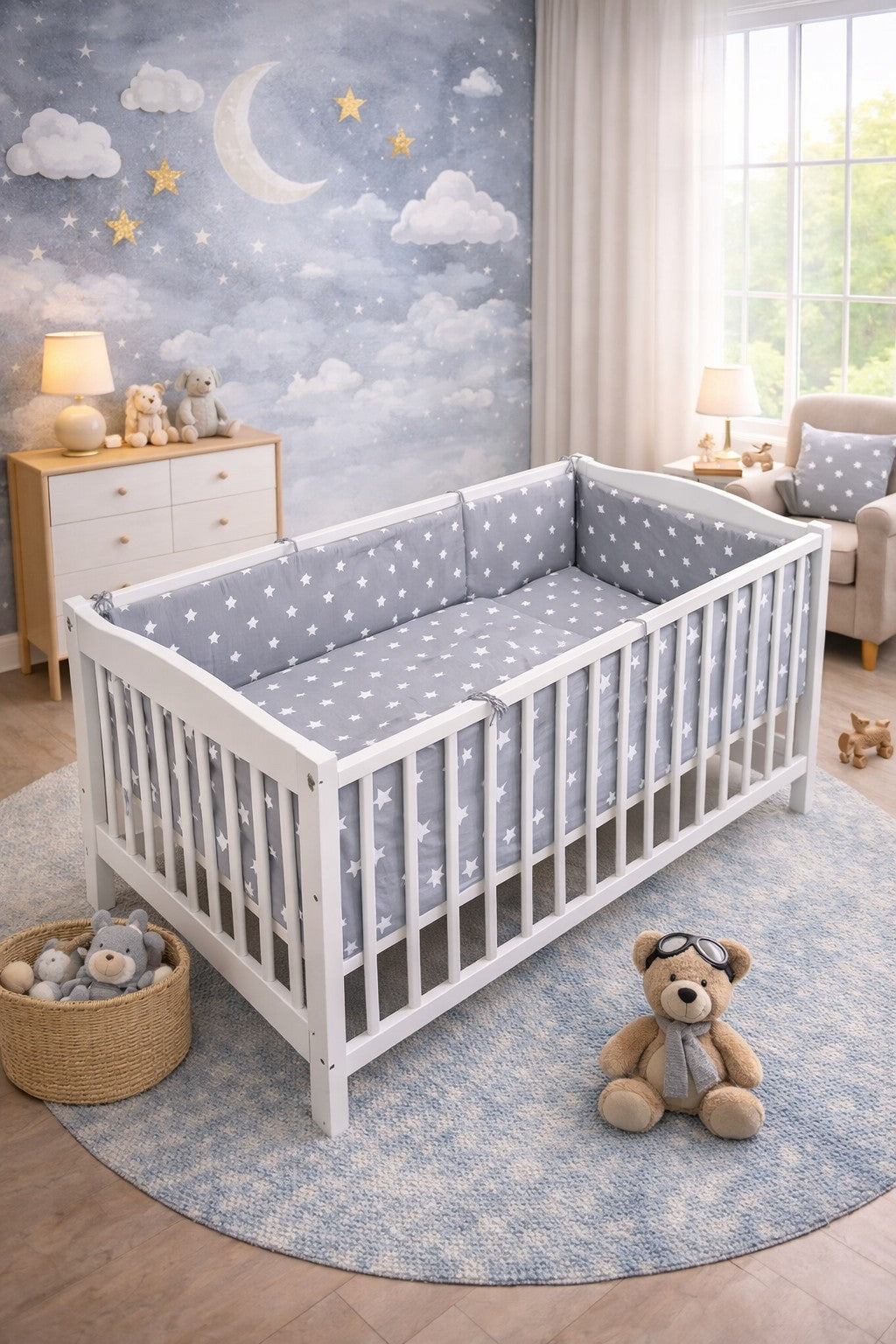 Baby Bedding Set 5pc 140x70cm All-round Fit Cot bed 100% Cotton Small White On Grey