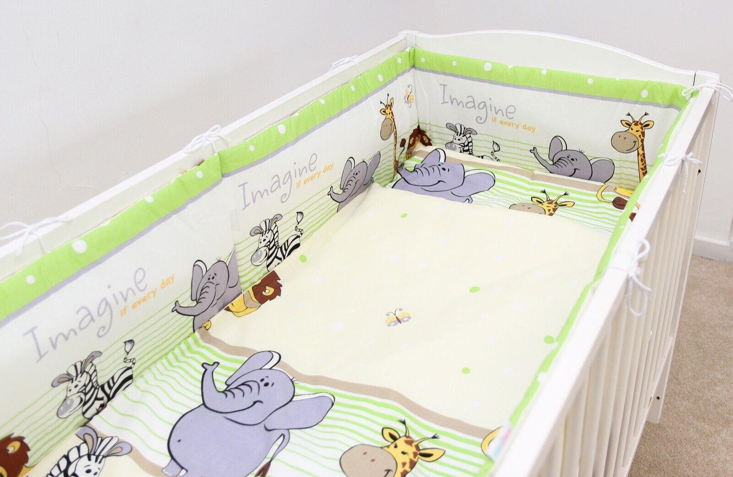 Baby Bedding Set 6pc All-round Bumper Fit Cot 120x60cm 100% Cotton Safari Green