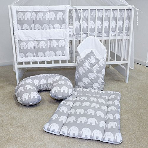 BABYMAM Baby Bedding Set Essential 17pcs 120x90 Cot with Drawer and Mattress Elephants Grey