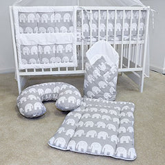 BABYMAM Baby Bedding Set Essential 17pcs 120x90 Cot with Drawer and Mattress Elephants Grey - MyHappy Baby