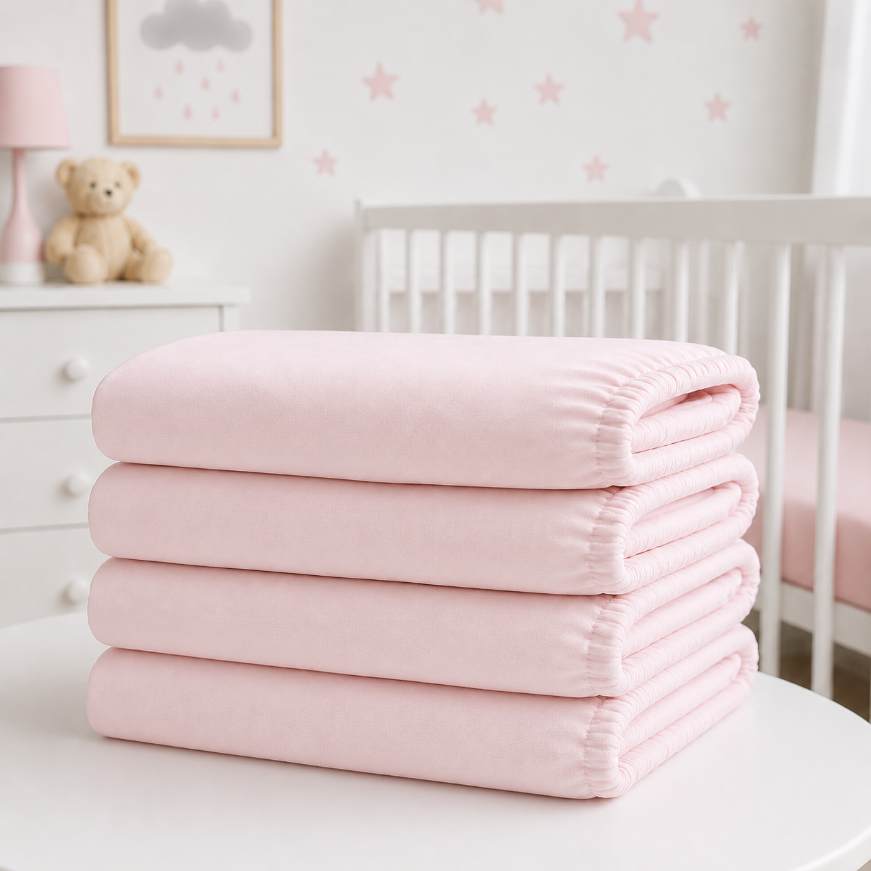 BABYMAM 4 Pack Cot Fitted Sheets 120x60 cm, 100% Organic Jersey Cotton Baby Cot Sheets, Soft Breathable Baby Bedding, Elasticated Mattress Covers (Pink)
