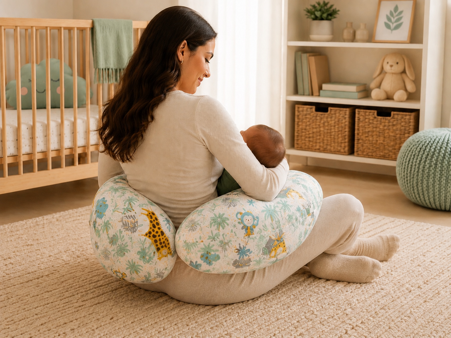 Nursing Pillow with Head Support & Removable Cover Baby Feeding Cushion - Safari