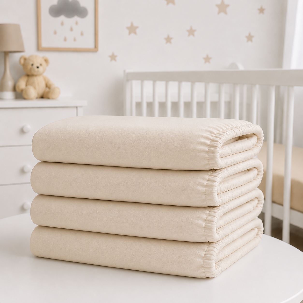 BABYMAM 4 Pack Cot Fitted Sheets 120x60 cm, 100% Organic Jersey Cotton Baby Cot Sheets, Soft Breathable Baby Bedding, Elasticated Mattress Covers (Beige)
