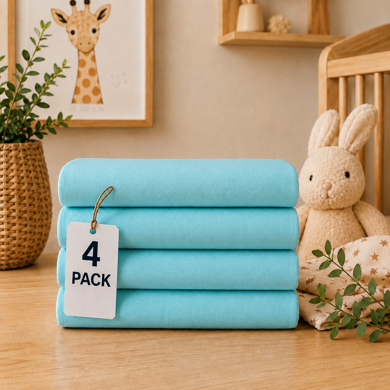 BABYMAM 4 Pack Cot Fitted Sheets 120x60 cm, 100% Organic Jersey Cotton Baby Cot Sheets, Soft Breathable Baby Bedding, Elasticated Mattress Covers (Blue)