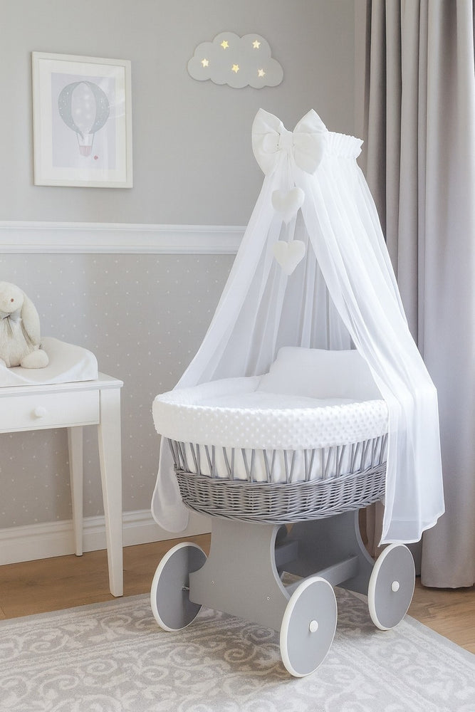 Grey Wicker Wheels Moses Basket Baby+Full Bedding Set White dimple