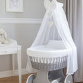 Grey Wicker Wheels Moses Basket Baby+Full Bedding Set White dimple