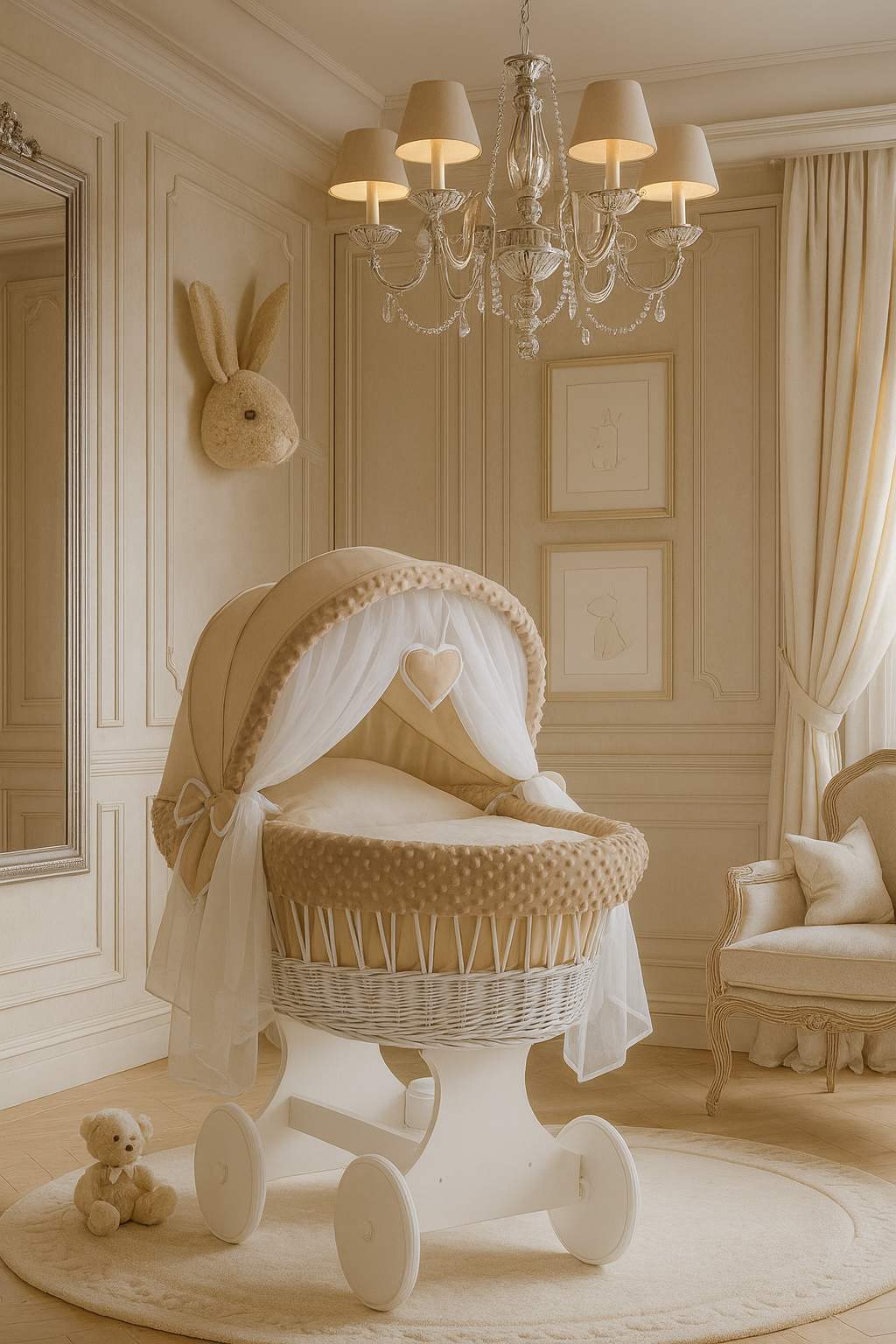 White Wicker Wheels Baby Moses Basket Beige